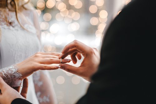 Couple placing ring on finger