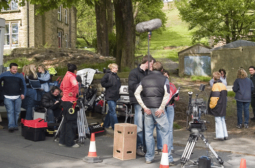 Television crew filming at a location in Huddersfield