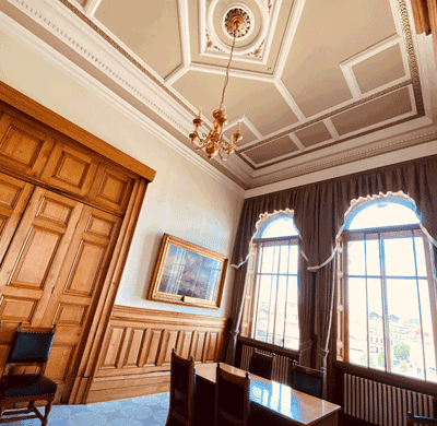 Dewsbury Town Hall Ceremony Room showing the ceiling details and chandelier