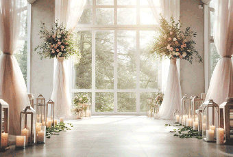 A photo of a large window surrounded by flower and candles