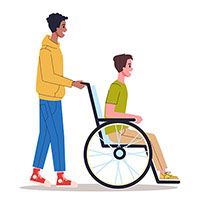 A young man-pushing a friend in a wheelchair
