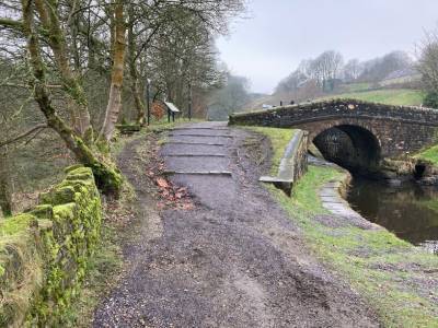 There are minimal steps on an uneven muddy path.
