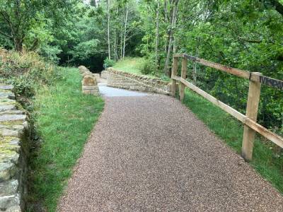 New tarmac path, fencing and stone wall
