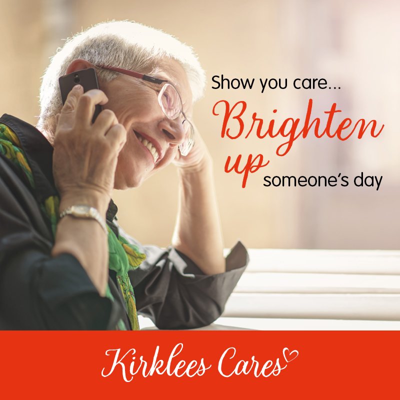 An elderly lady on the phone smiling with a message saying show you care... brighten up someone's day.
