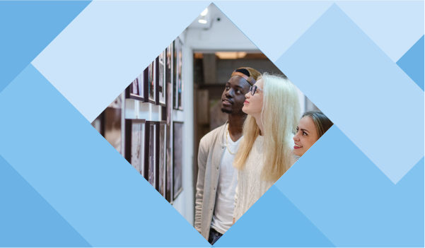 A rectangle vector image show three individuals looking at art