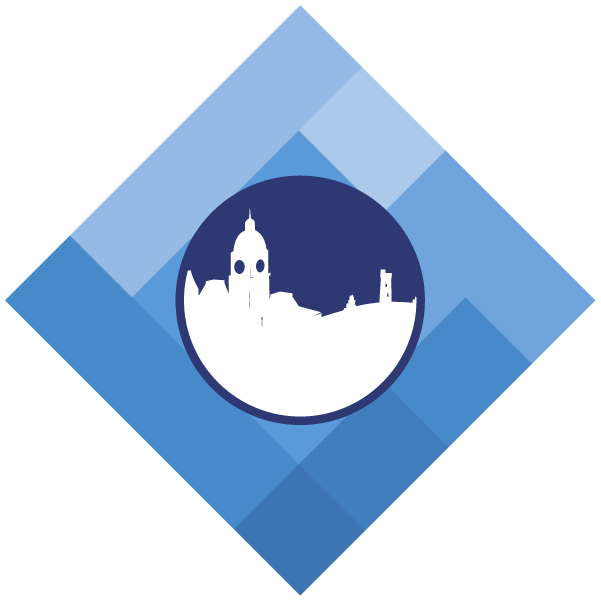 Diamond shaped vector graphic containing the outline of buildings