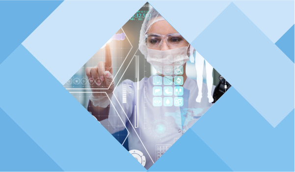 A rectangle vector image showing a woman using lab equipment