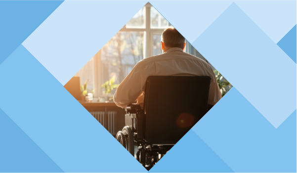 A rectangle vector image showing a businessman sat in a chair at a desk