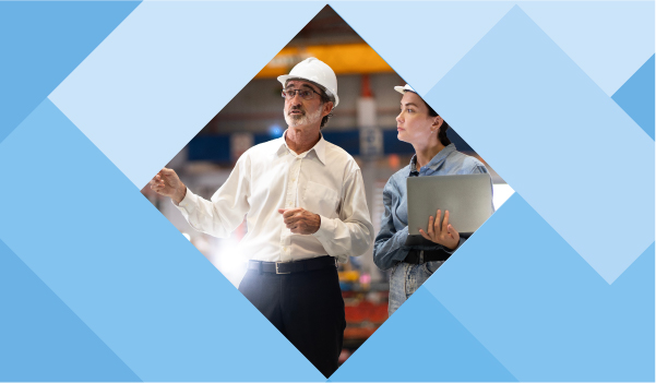 A rectangle vector image showing two people stood in a construction area