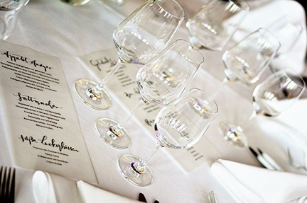 A wedding menu and three wine glasses