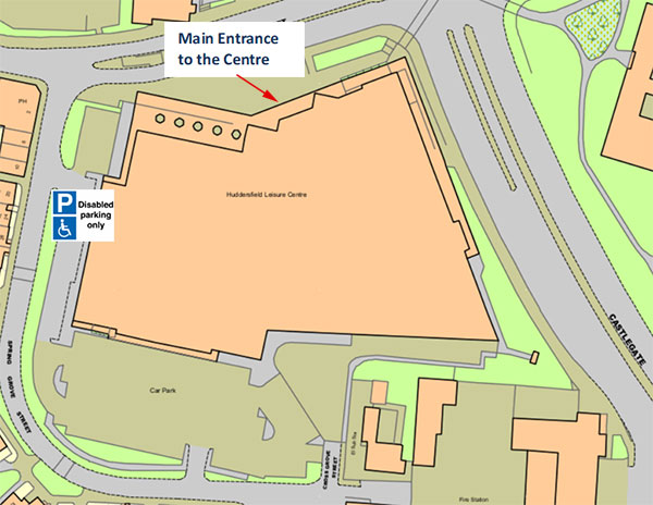 Huddersfield leisure center map of entrance and disabled parking