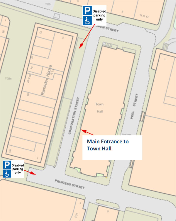 Huddersfield Town Hall map of entrance and disabled parking
