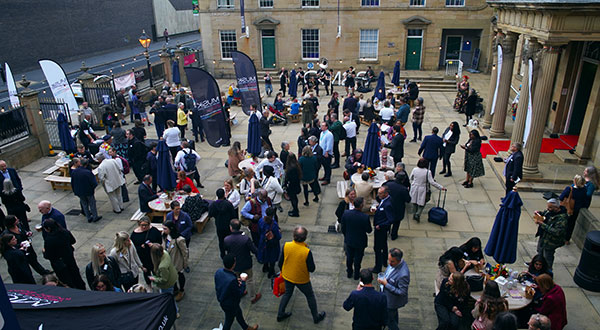 Gathering of people in a town centre