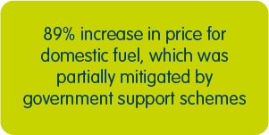 89% increase in price for domestic fuel, which was partially mitigated by government support schemes