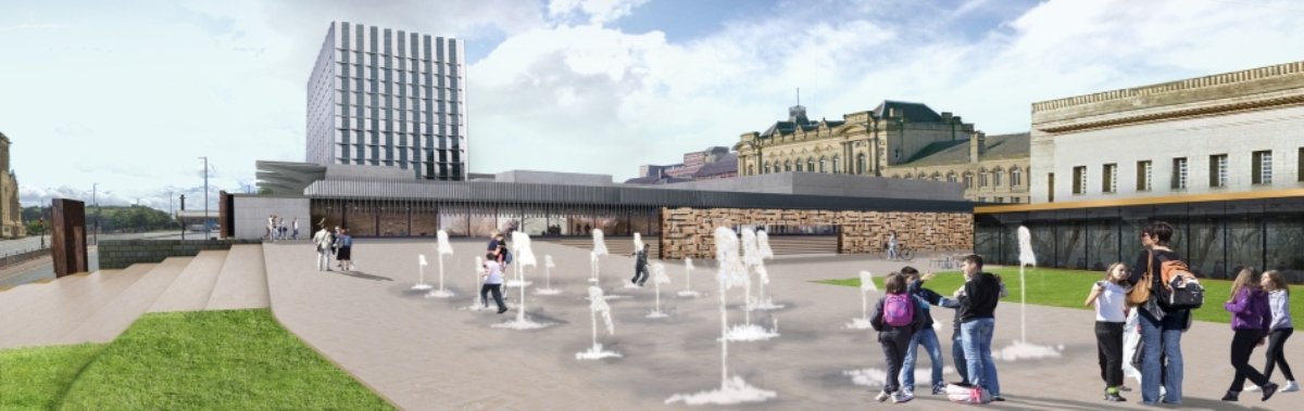 Fountains and new buildings in Queensgate