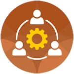 Vector graphic of 3 people surrounding a cog