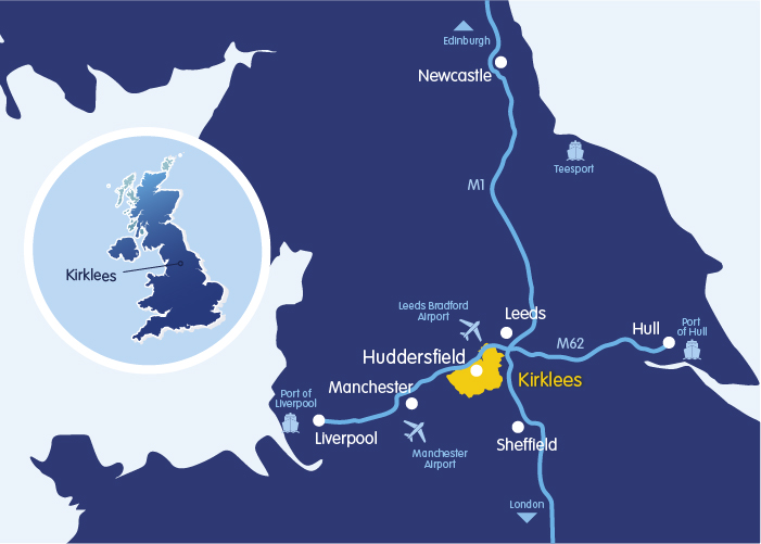 A map of Kirklees showing the different links such as motorways