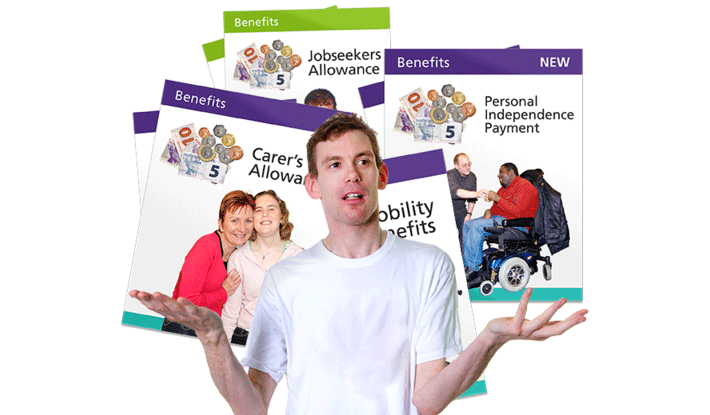 Person in front of benefits pamphlets