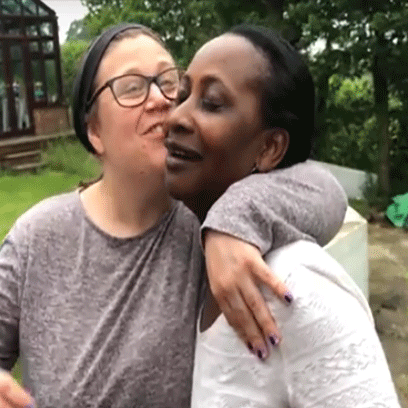 Shared Lives couple hugging