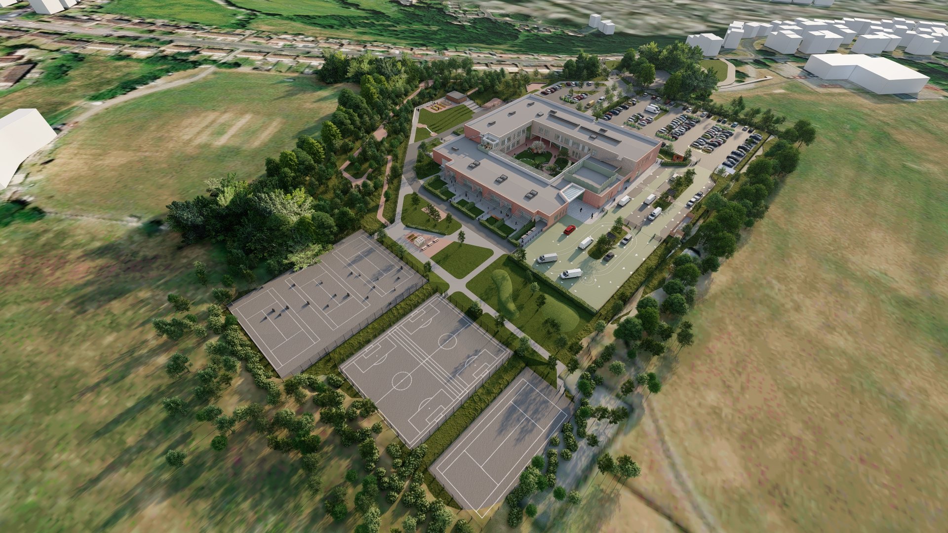 Artist impression of Woodley School and College from above, including car parking and sports courts, and surrounded by fields
