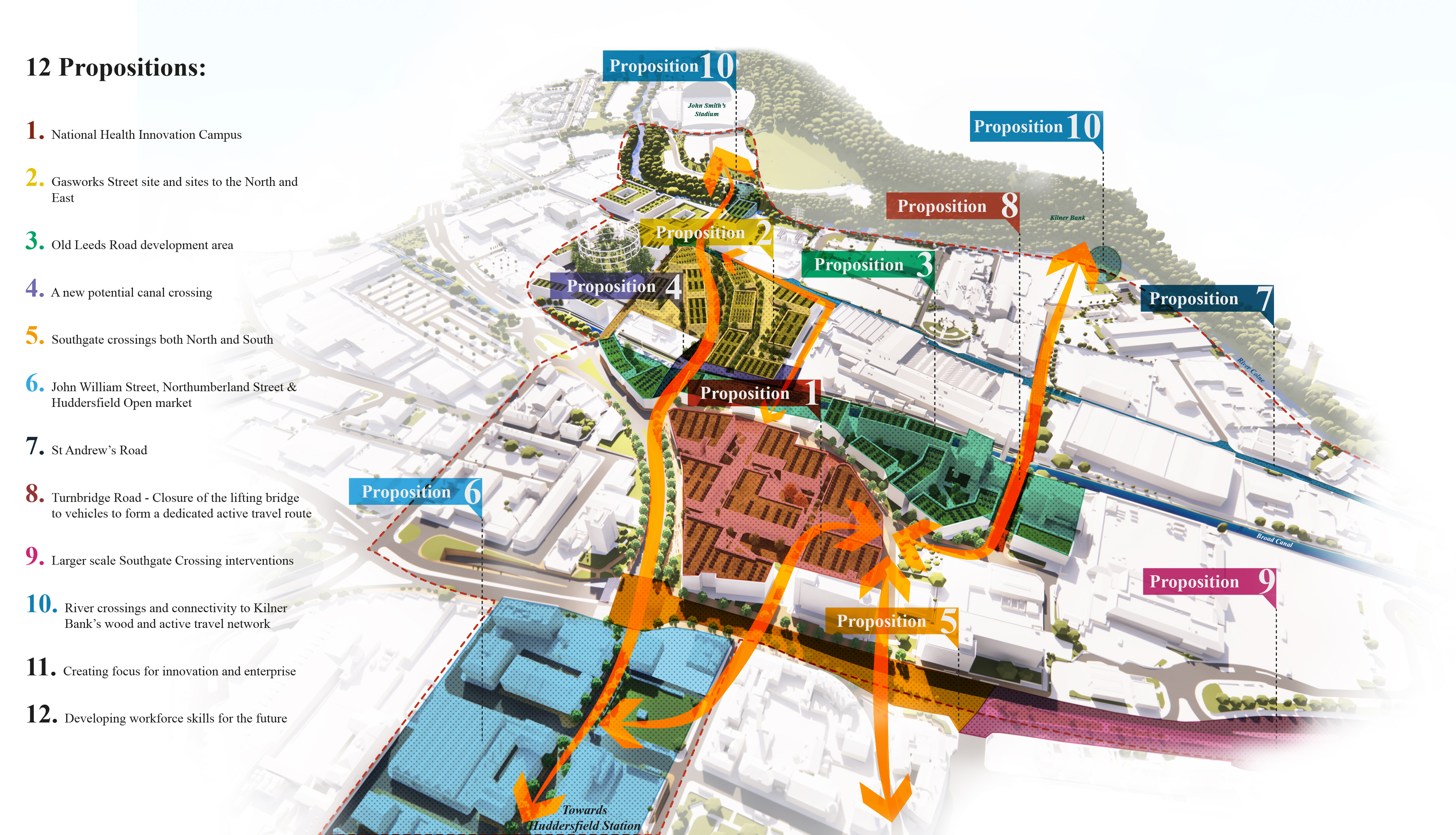 Master plan of the station to stadium corridor, showing diffrent areas with propositions 