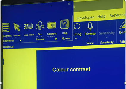 Photo of colour contrast software converting dark text on a light background to the colour preference of someone who is visually impaired.
