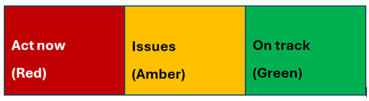 Visual example of the red, amber, green rating including what the purpose of the colour is not just the colour. Red square says Act now and Red, yellow square says Issues and Amber and green square says On track and Green. This makes the rating much more accessible for everyone.