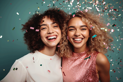 A happy couple showered with confetti