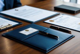 Blue document folders and pens with paperwork